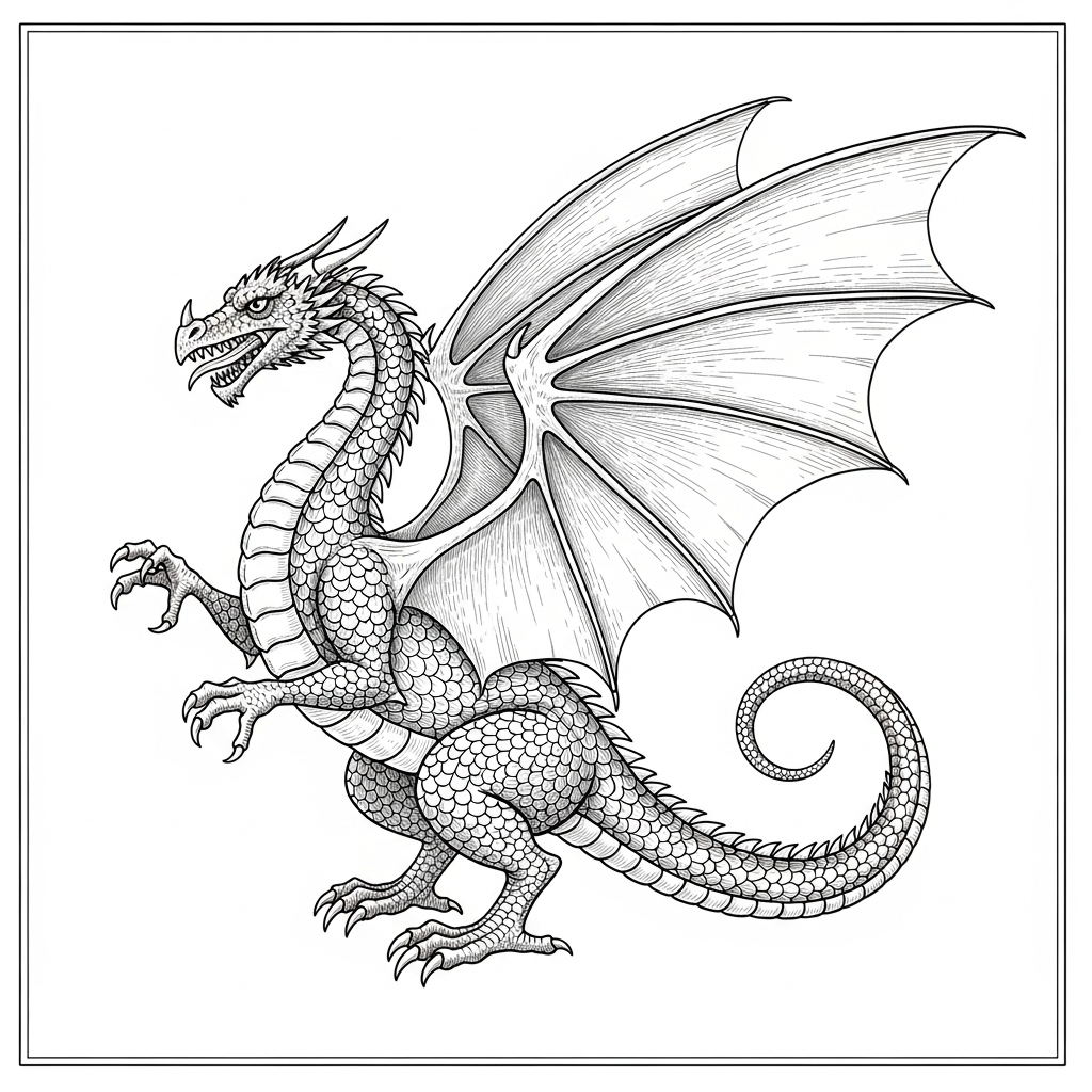 Line art illustration of a map dragon