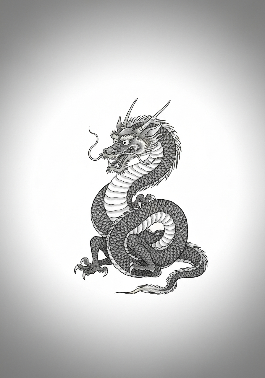 Line art illustration of a heraldic dragon portrait