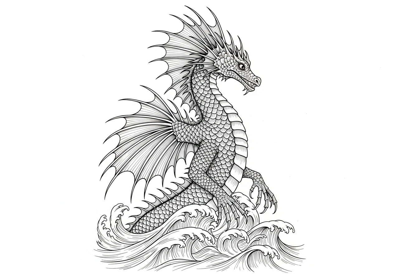 Line art illustration of a sea dragon