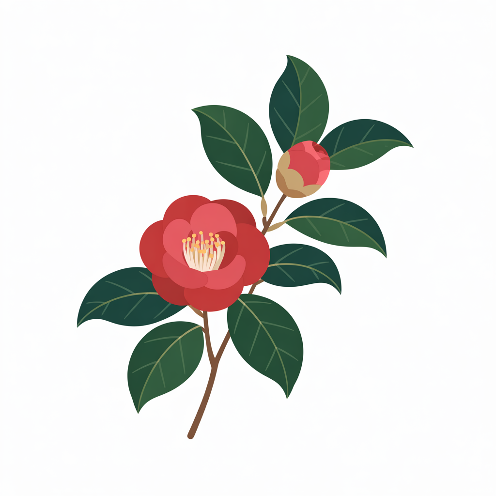 Flat vector illustration of camellia blossoms on a branch