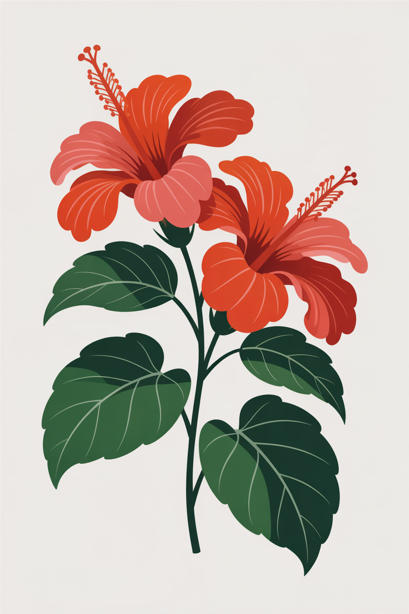Flat vector illustration of hibiscus flowers on stems