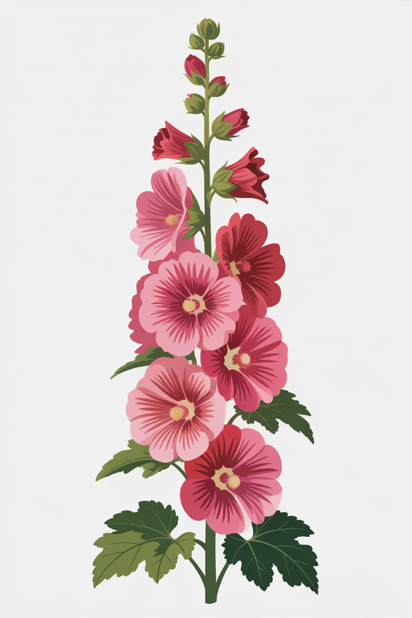 Flat vector illustration of hollyhock flowers