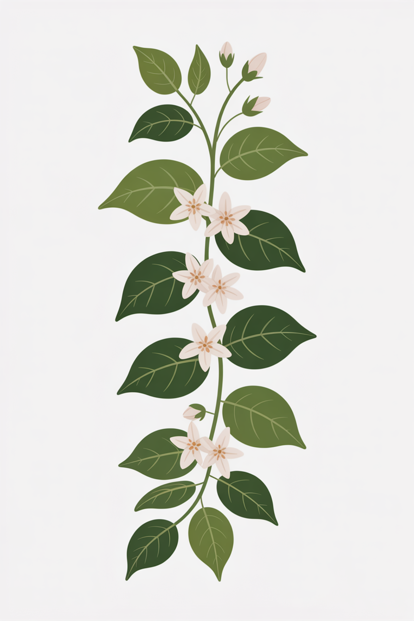 Flat vector illustration of jasmine vine with white flowers