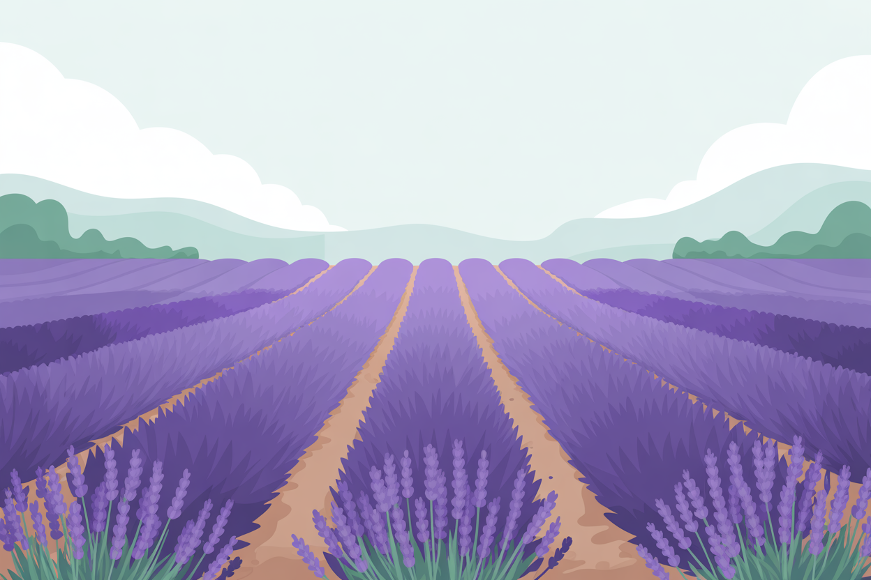 Flat vector illustration of purple lavender fields under a soft sky