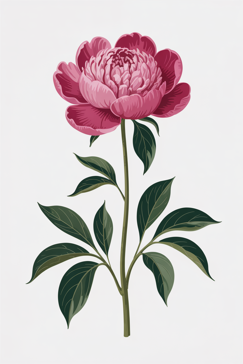 Flat vector illustration of a single peony stem