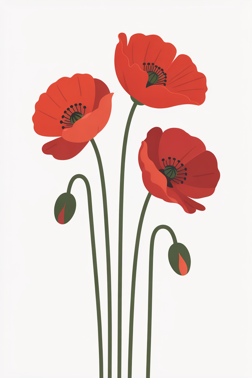 Flat vector illustration of three red poppies on stems