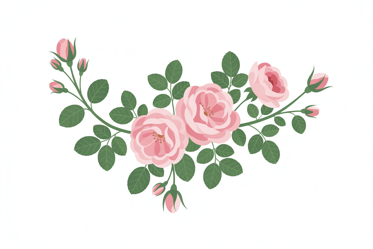 Flat vector illustration of a flowering rose branch with pink blossoms