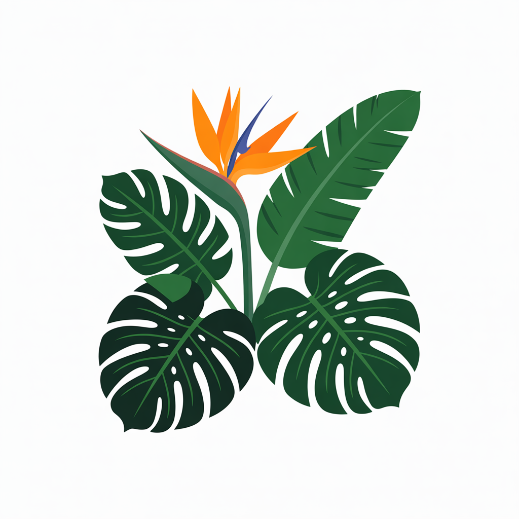Flat vector illustration of tropical botanical leaves: monstera and bird-of-paradise