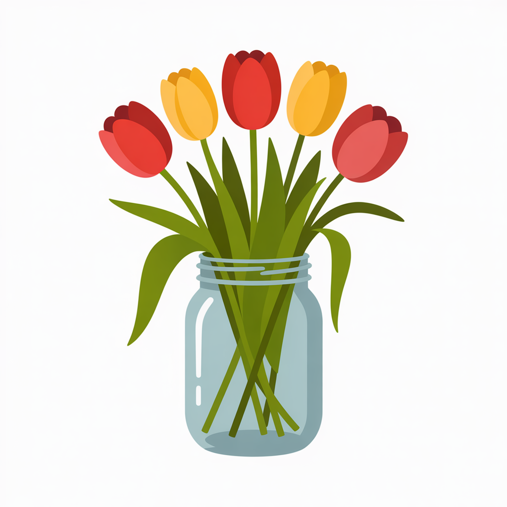 Flat vector illustration of tulips in a glass jar