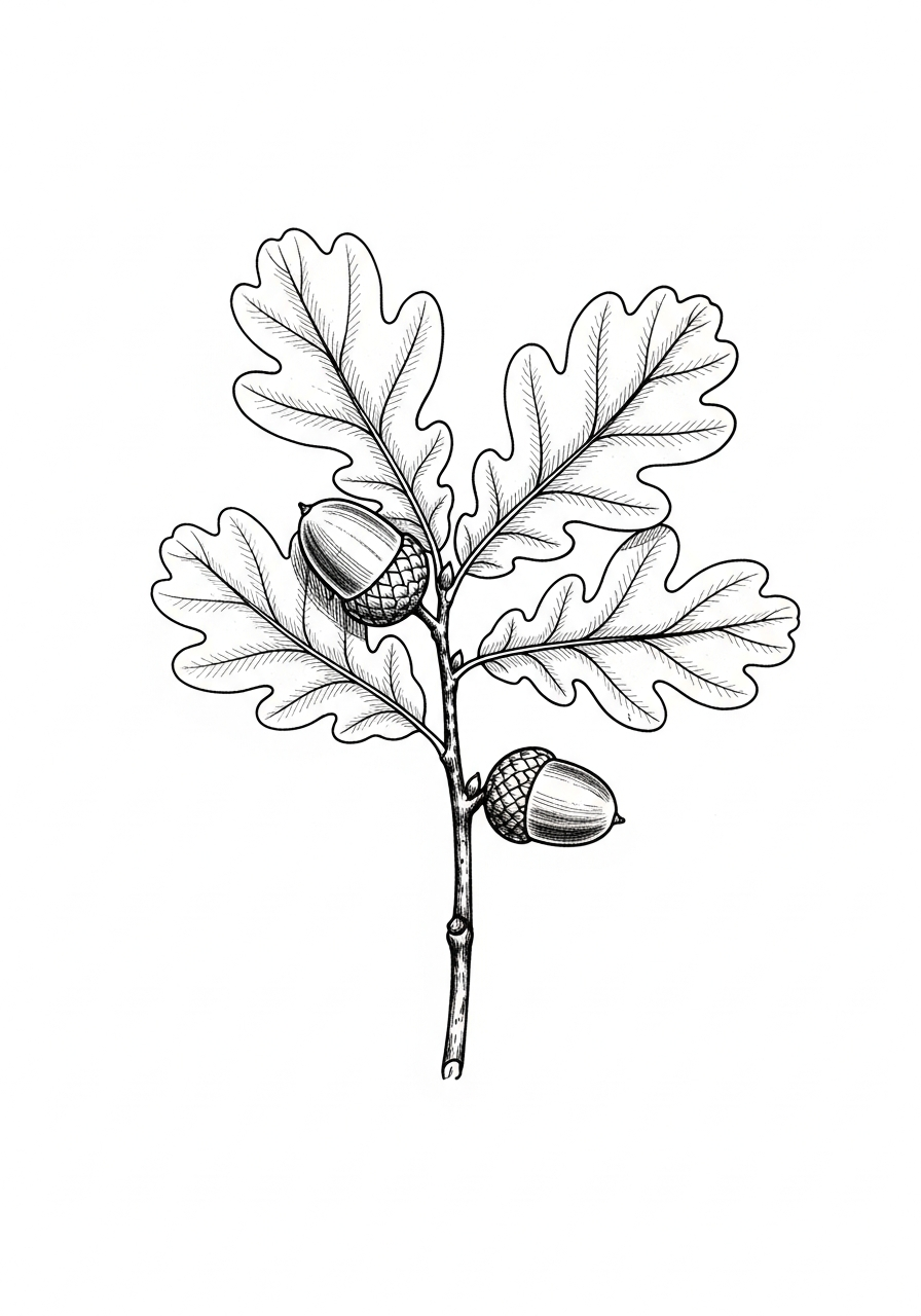 Line art illustration of acorns on a branch