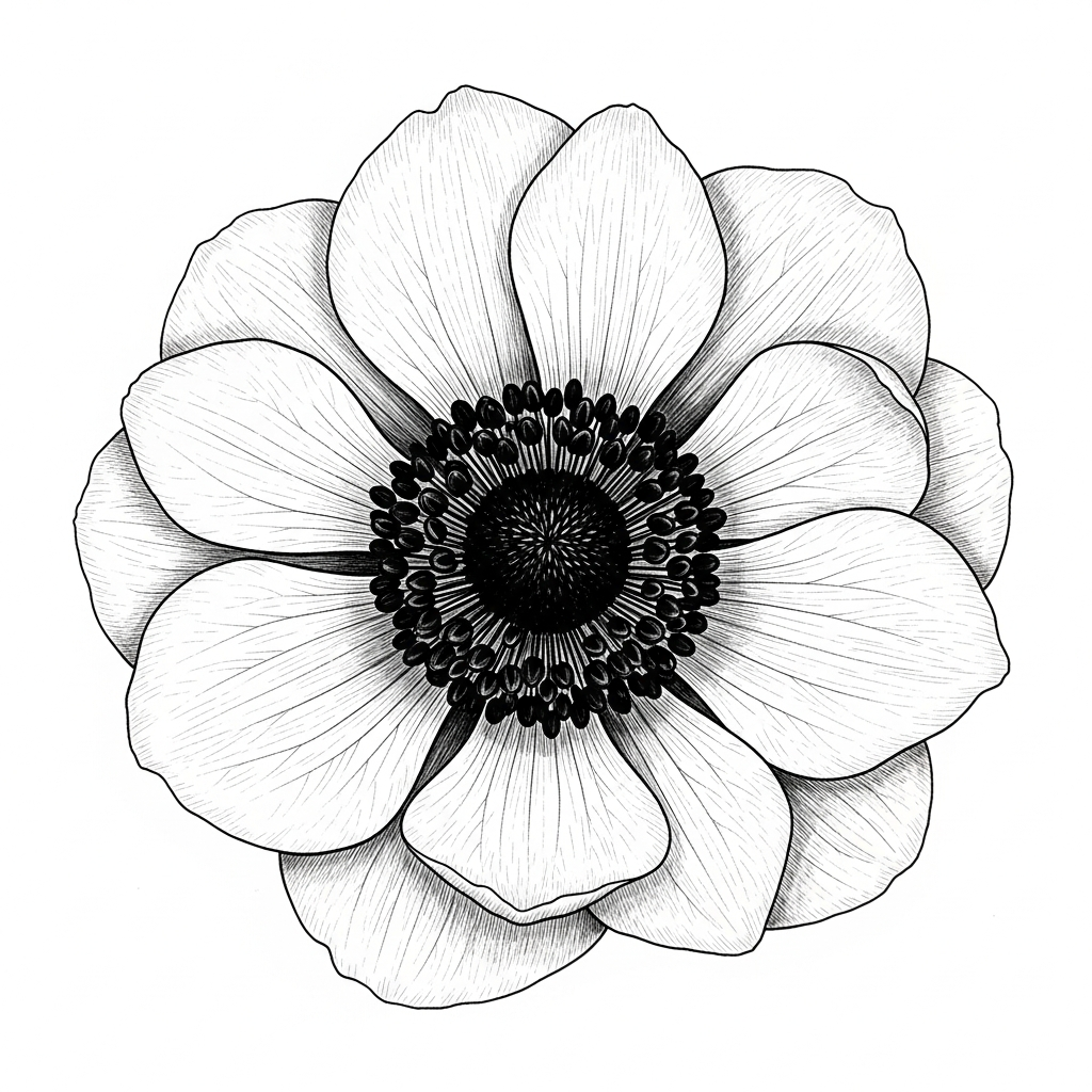 Line art illustration of an anemone flower center