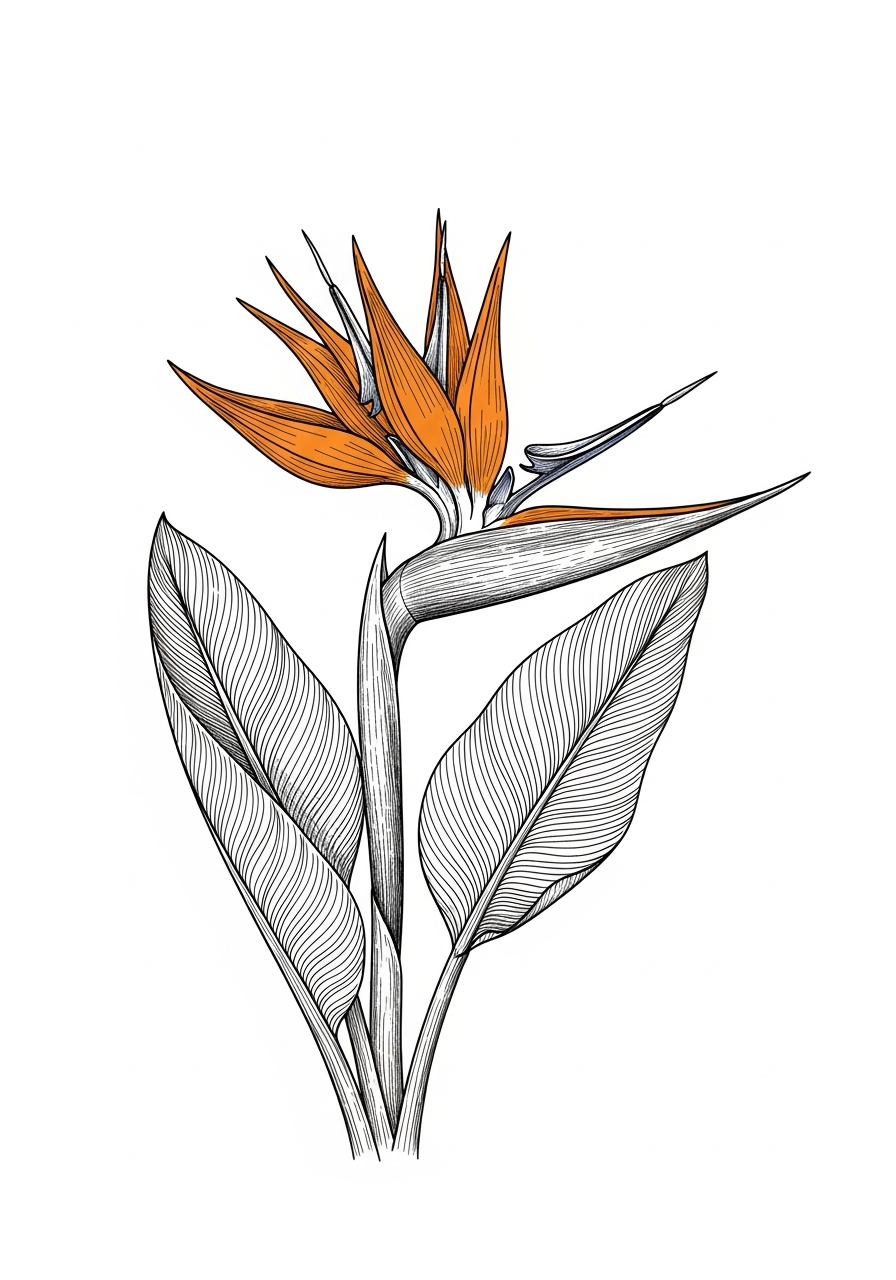 Line art illustration of a bird of paradise flower