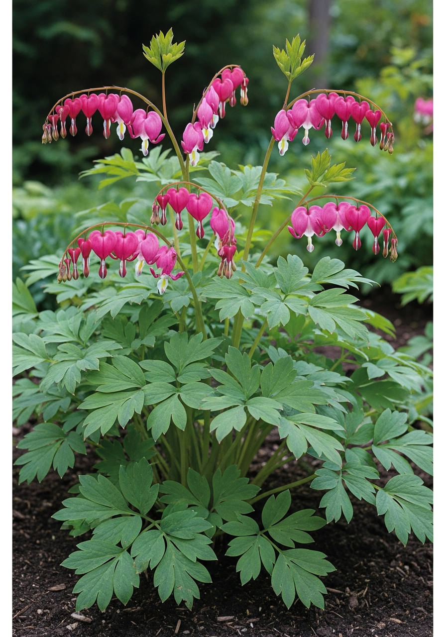 Line art illustration of bleeding heart flowers