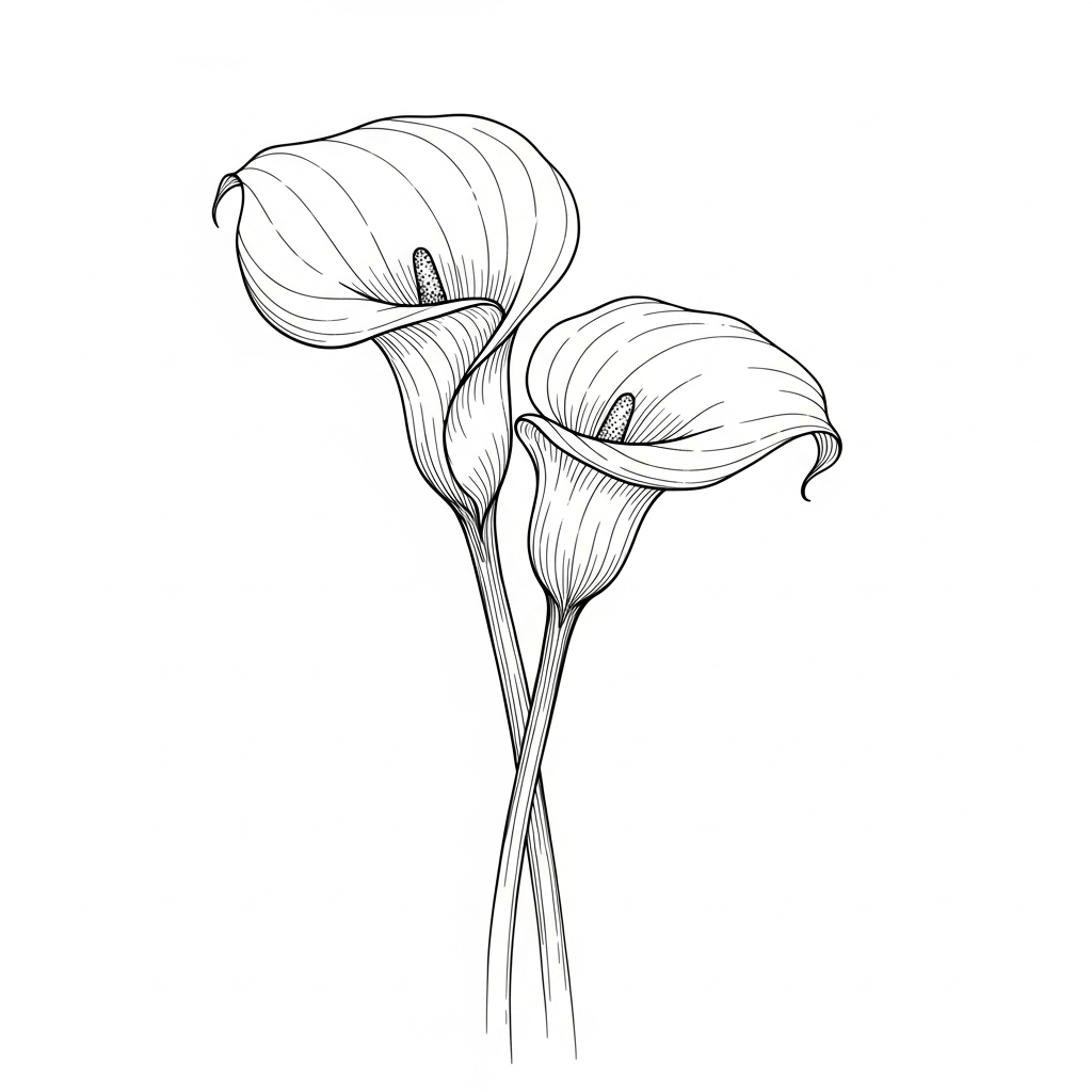 Line art illustration of calla lilies