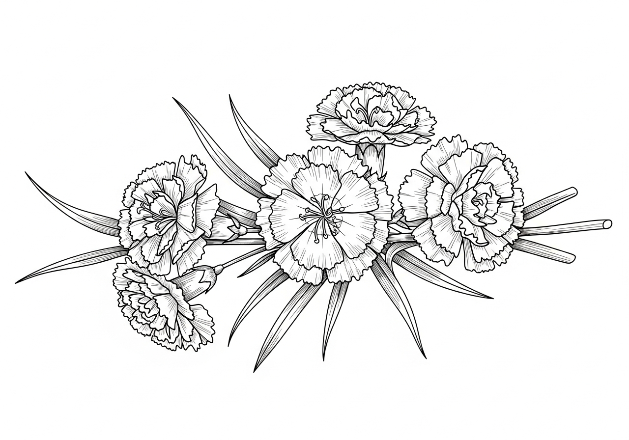 Line art illustration of carnation flowers