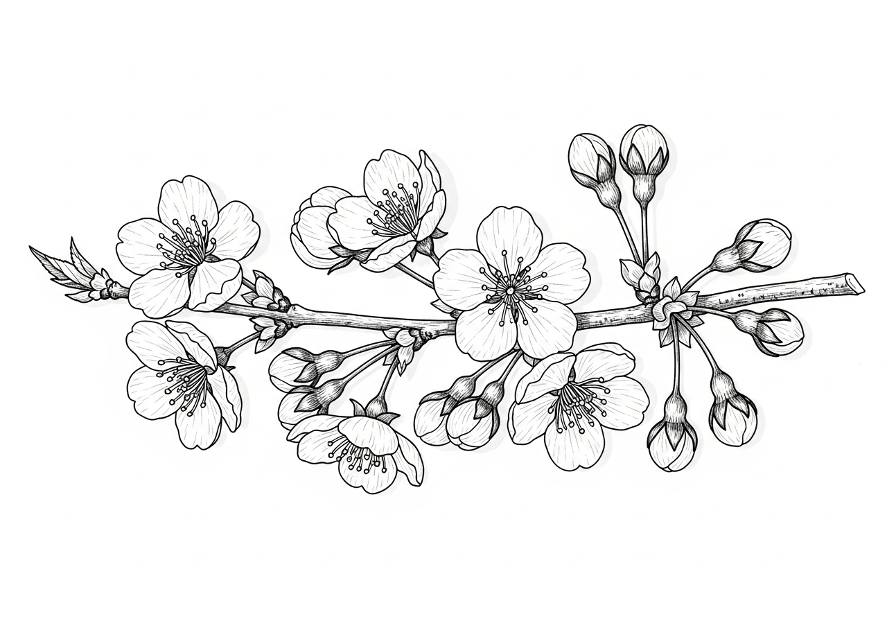 Line art illustration of cherry blossom flowers