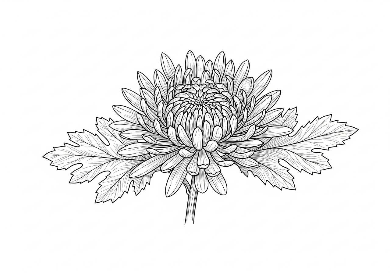 Line art illustration of chrysanthemum flowers