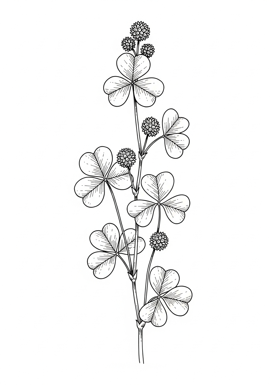 Line art illustration of clover stems and leaves