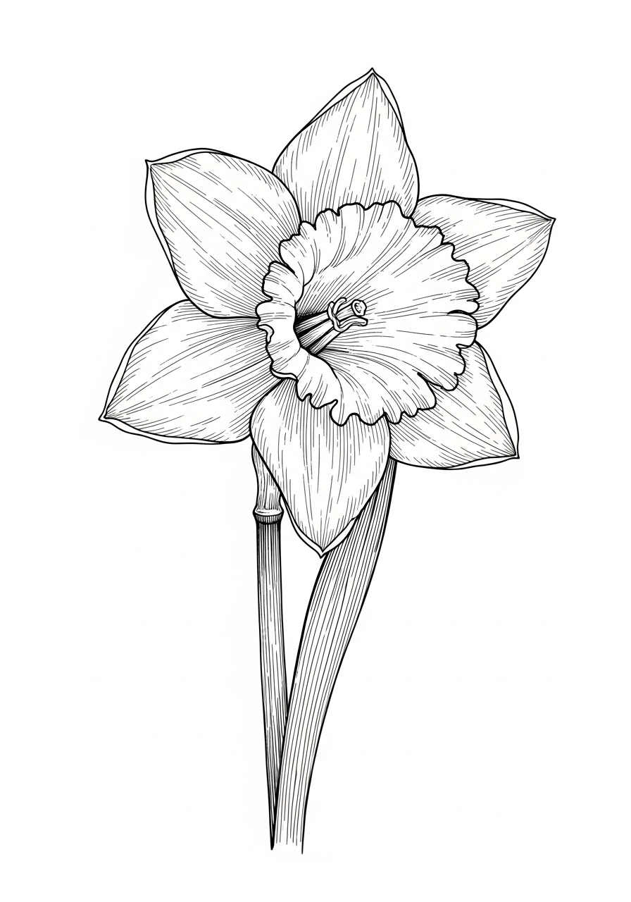 Line art illustration of a daffodil flower