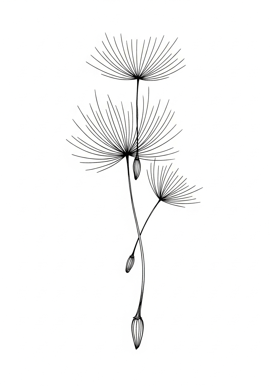 Line art illustration of a dandelion seed head