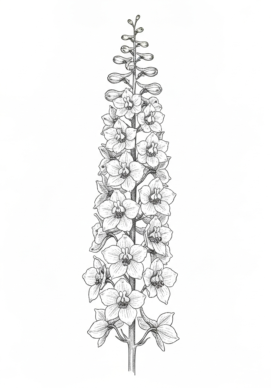 Line art illustration of delphinium flowers