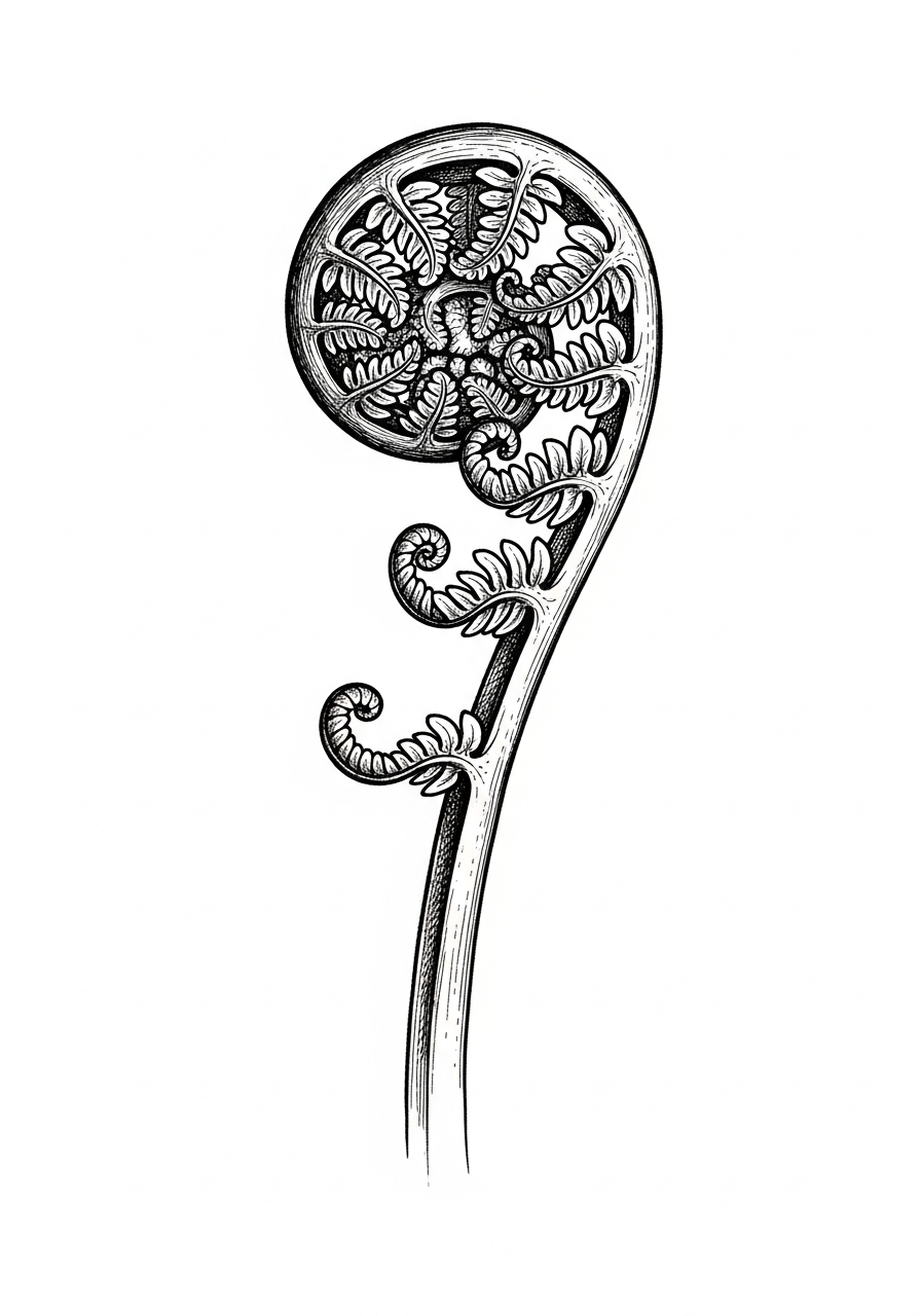 Line art illustration of a fern frond