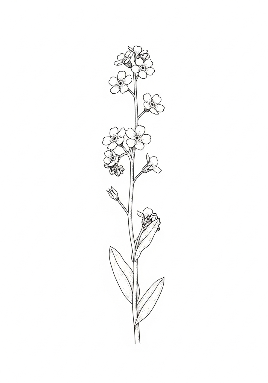 Line art illustration of forget-me-not flowers