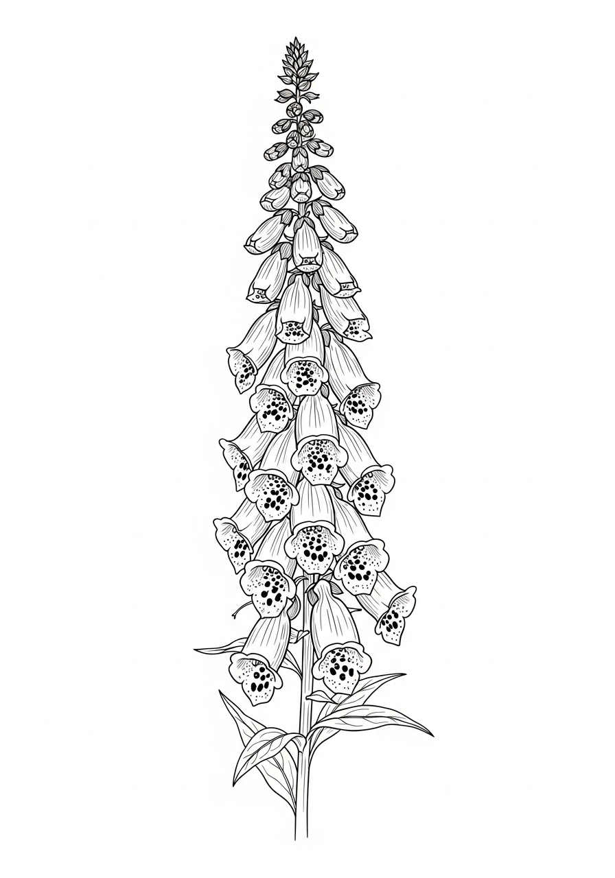 Line art illustration of foxglove flowers