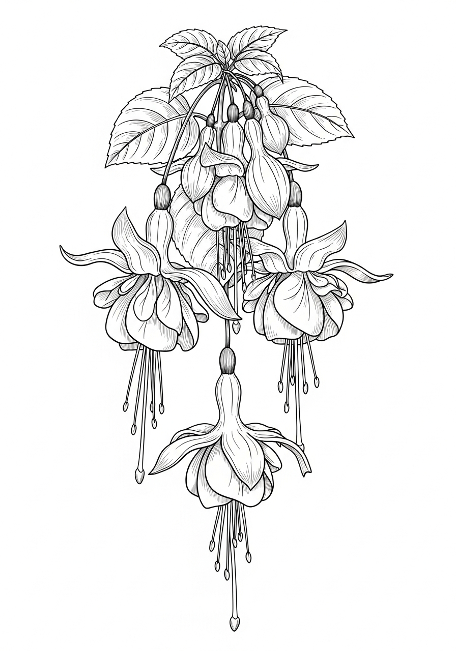 Line art illustration of fuchsia flowers