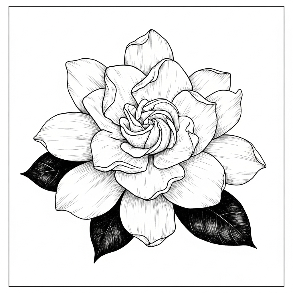 Line art illustration of a gardenia bloom