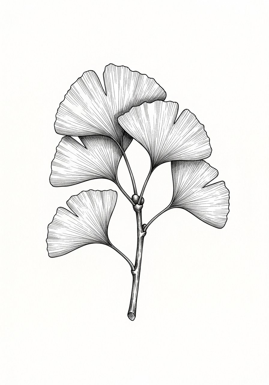 Line art illustration of ginkgo leaves