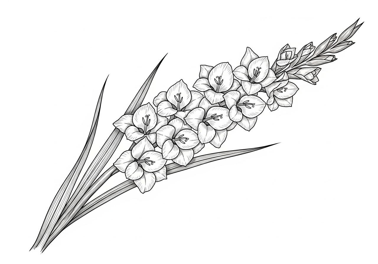 Line art illustration of gladiolus flowers on a spike