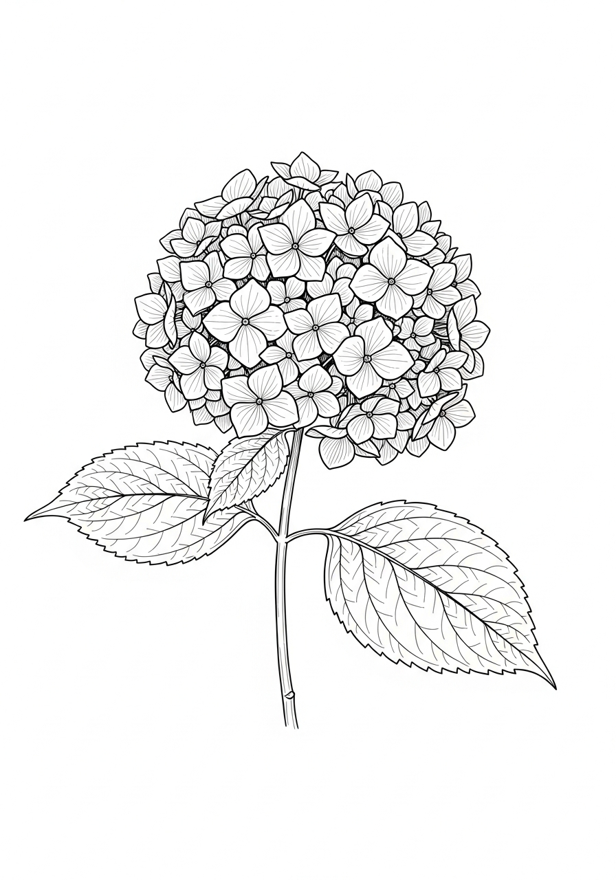 Line art illustration of a hydrangea flower cluster