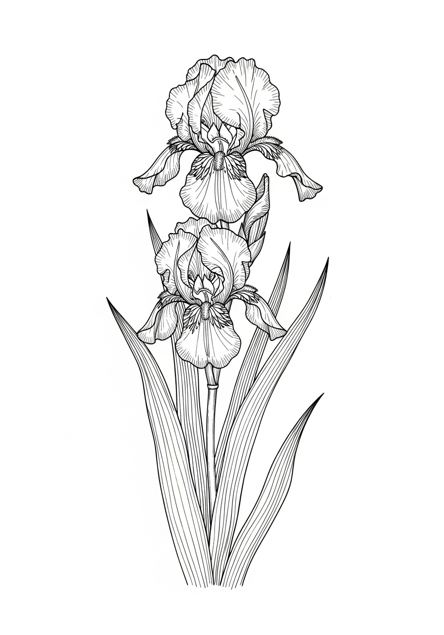 Line art illustration of iris flowers and leaves