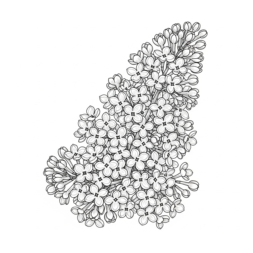 Line art illustration of a lilac cluster