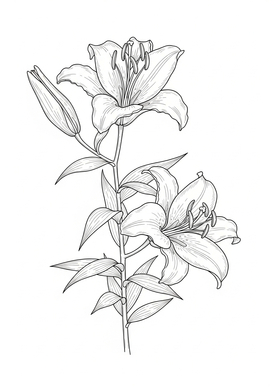 Line art illustration of lily stems and blooms