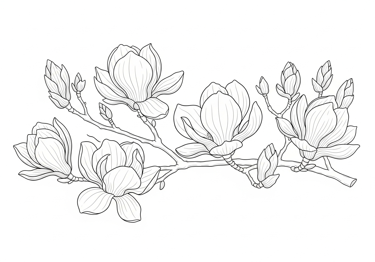 Line art illustration of magnolia branches with large blossoms