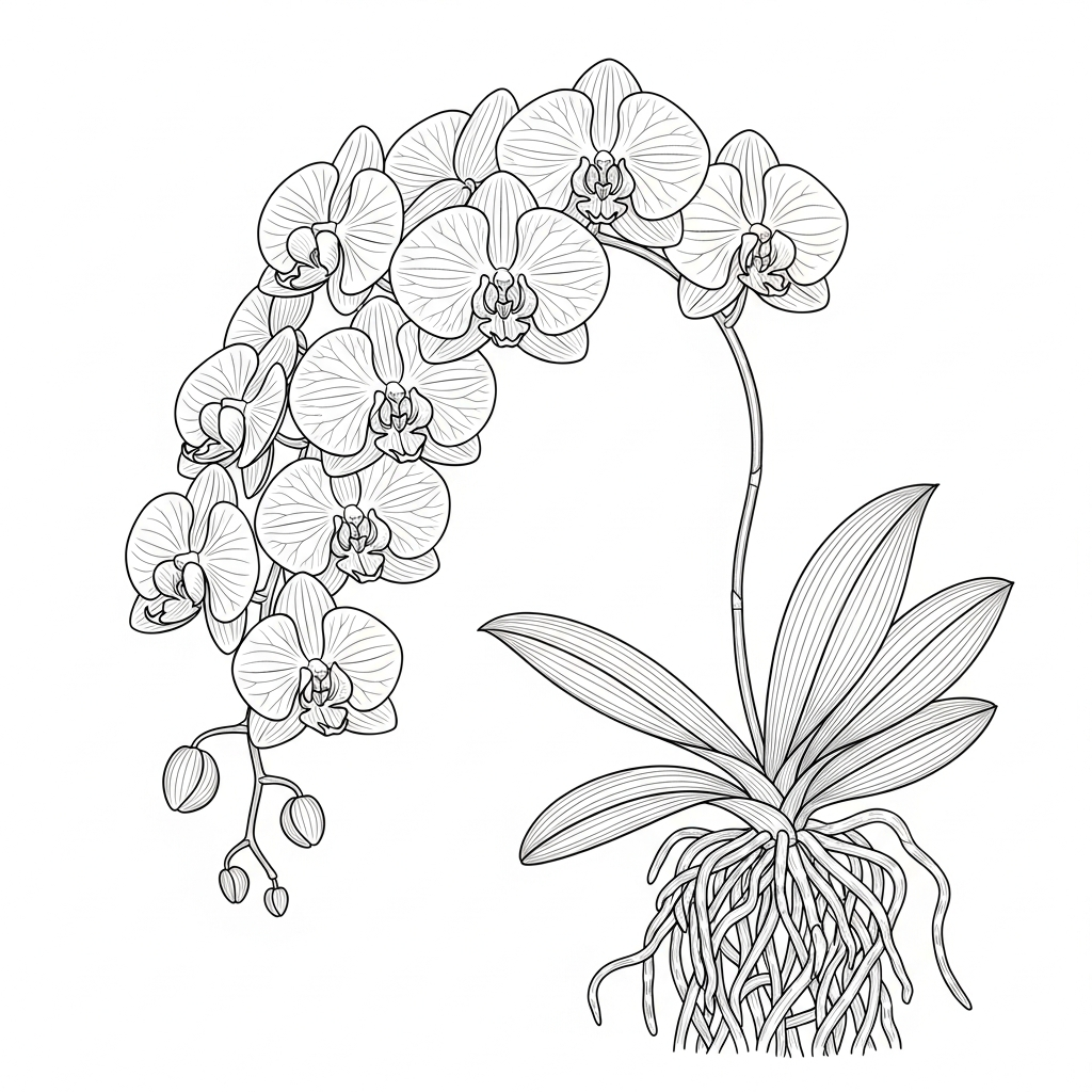 Line art illustration of orchid sprays