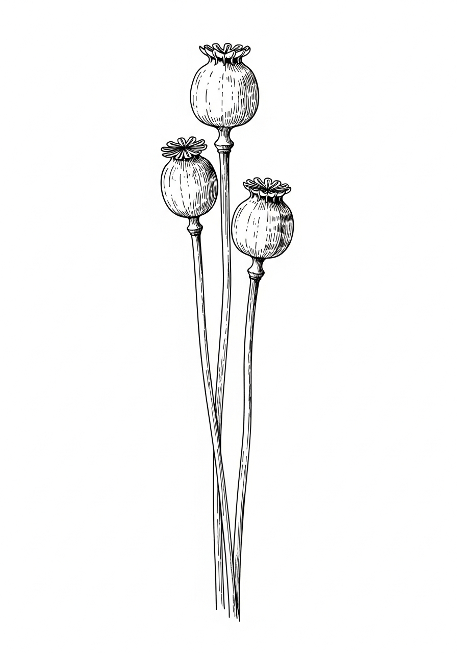 Line art illustration of poppy seed pods