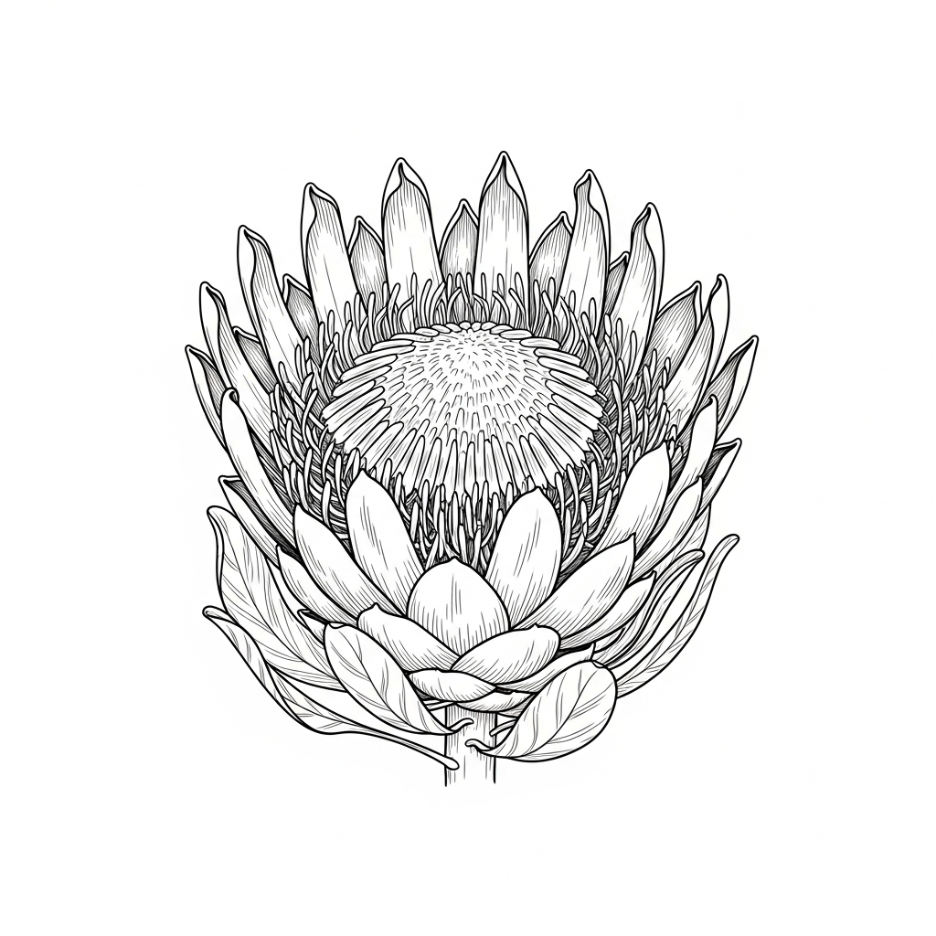 Line art illustration of a protea flower