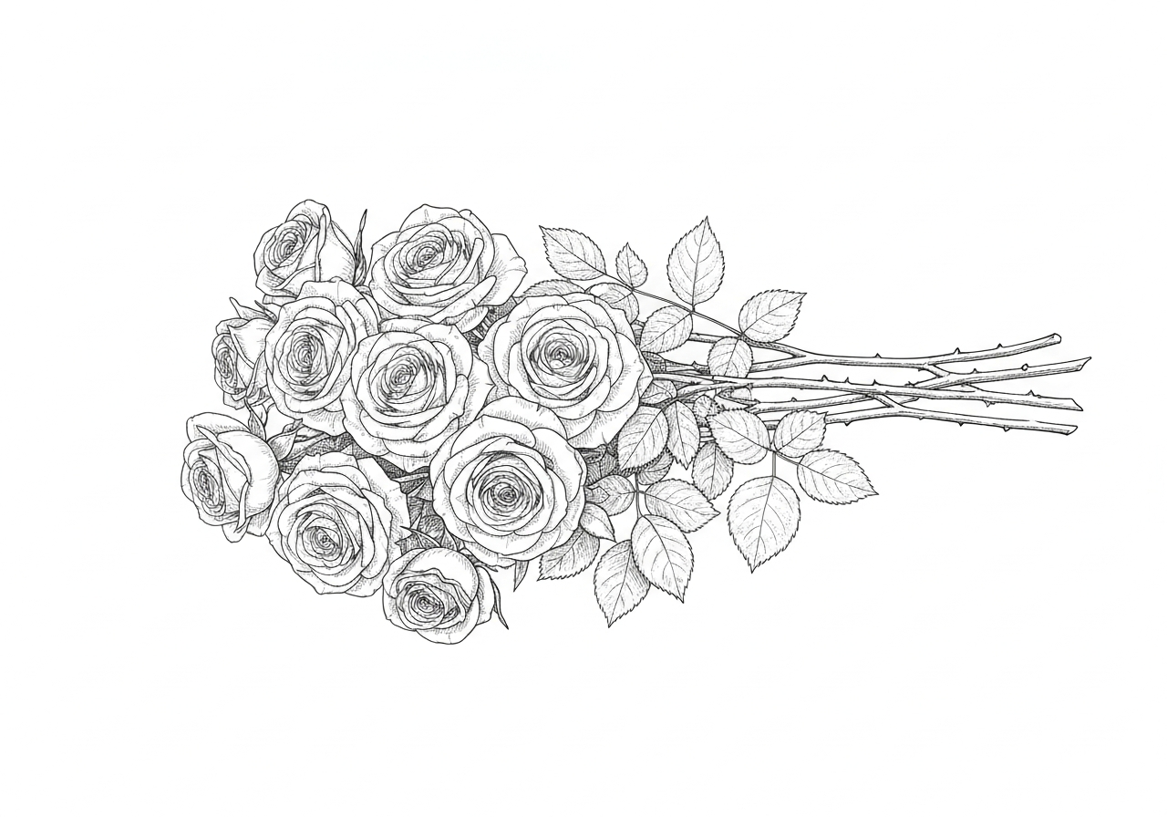 Line art illustration of a wrapped bouquet of garden roses