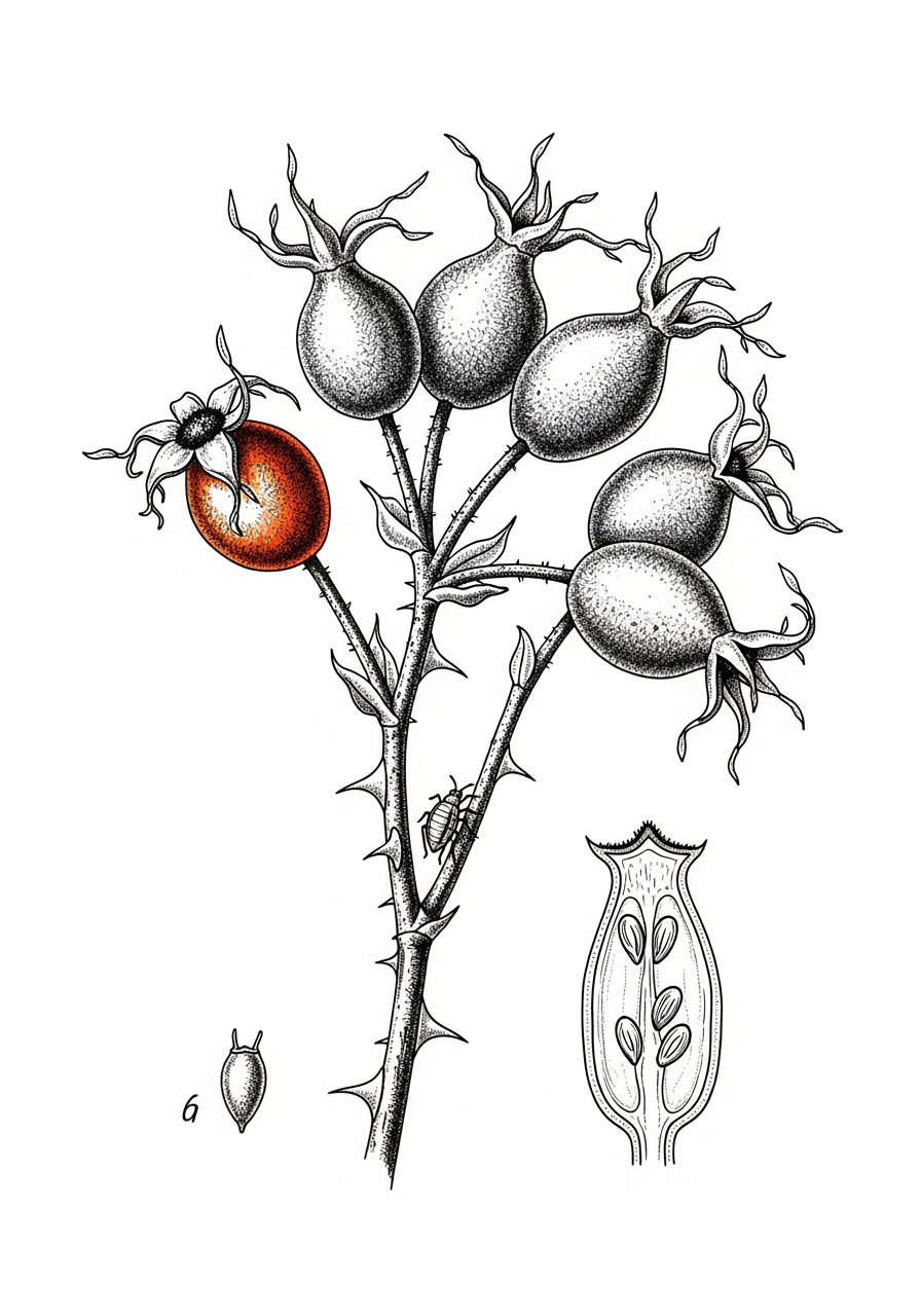 Line art illustration of rose hips on a branch