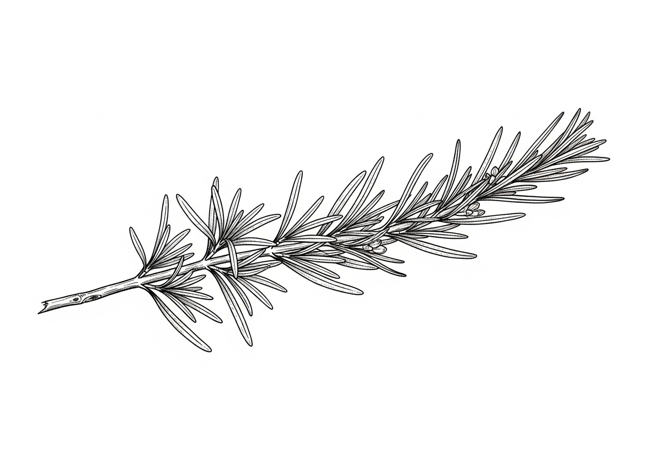 Line art illustration of a rosemary branch