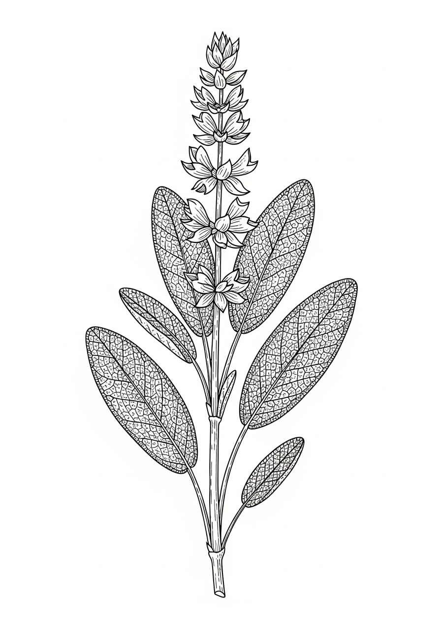 Line art illustration of sage leaves