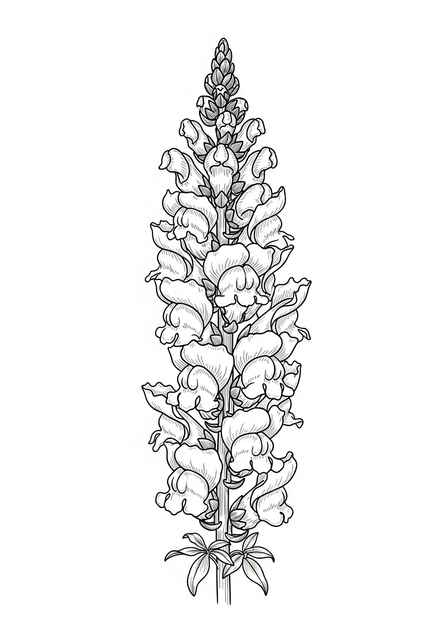 Line art illustration of snapdragon flowers