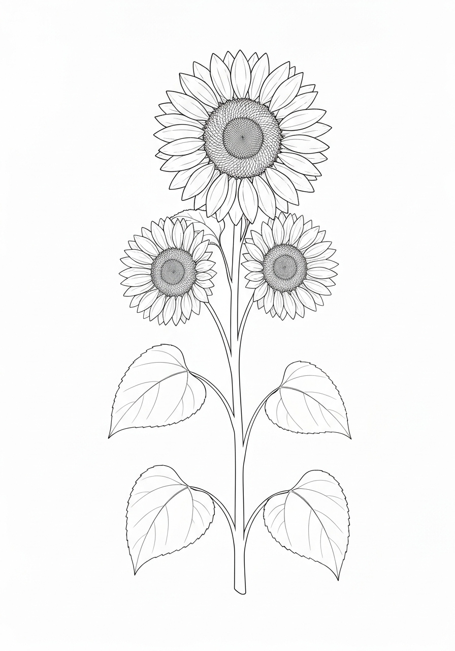 Line art illustration of tall sunflowers with detailed petals and leaves