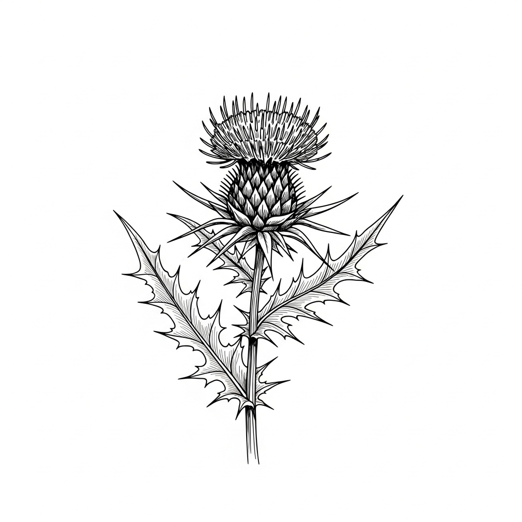 Line art illustration of a thistle flower