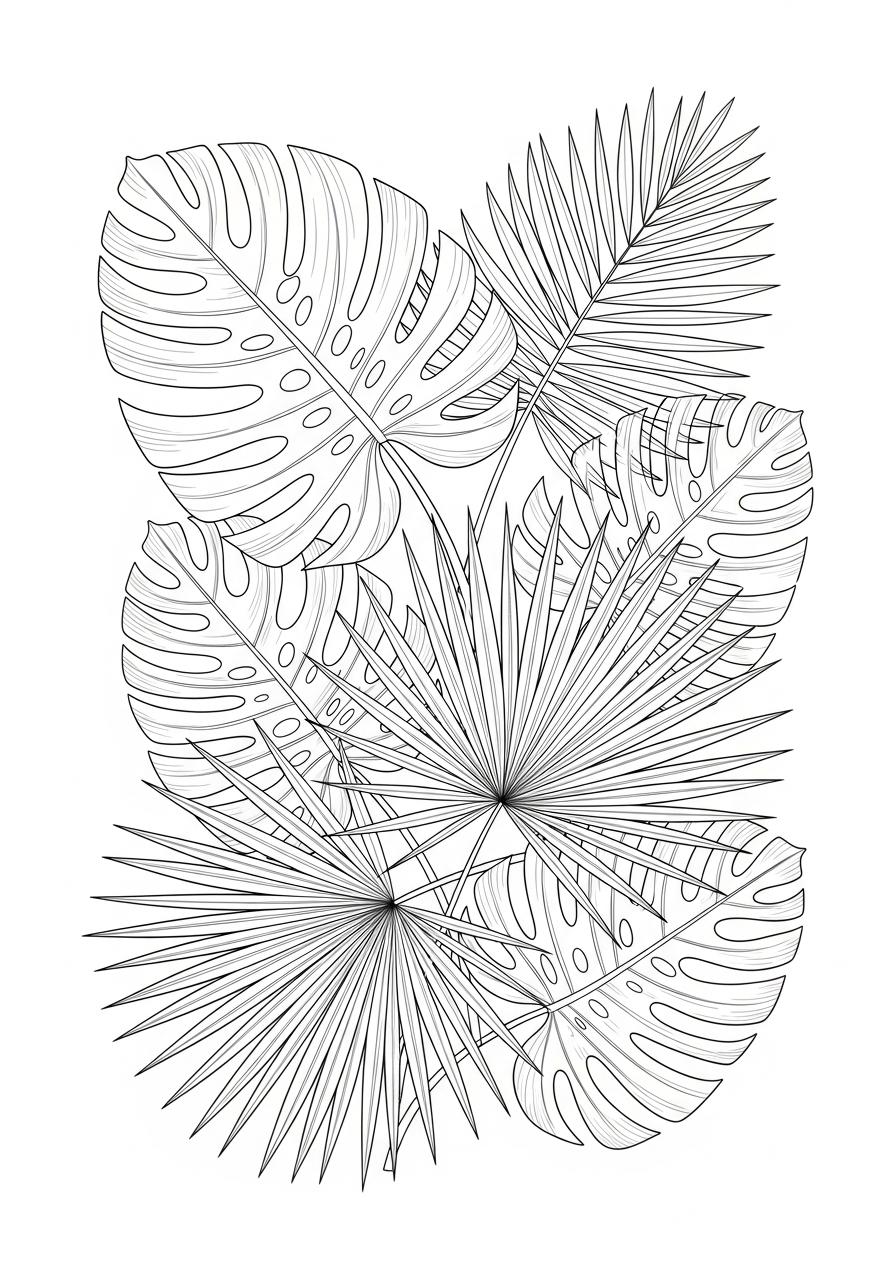 Line art illustration of tropical leaves: monstera and palm fronds