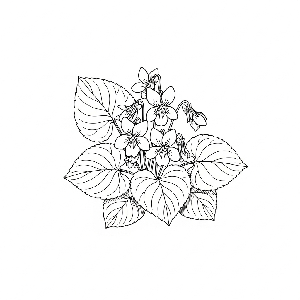 Line art illustration of violet flowers and leaves