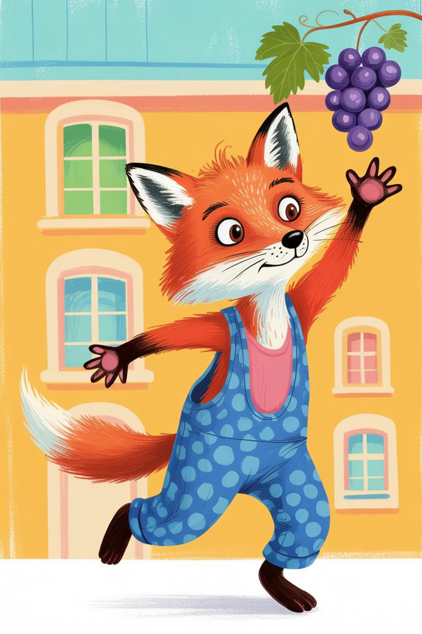 Children's book illustration of the fox and grapes fable